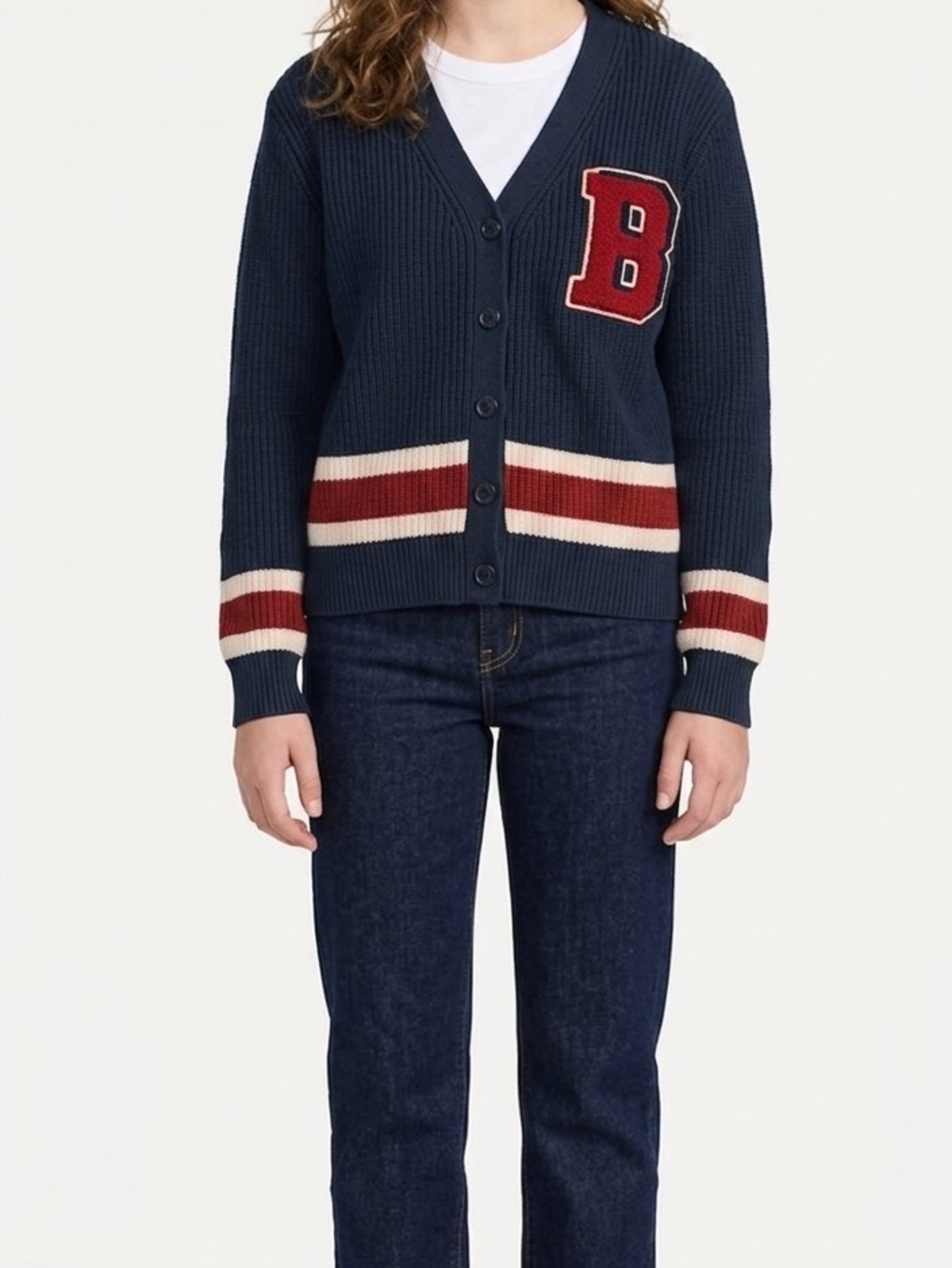 H&M Unisex Teen Girl Or Boys Navy Varsity Cardigan with Red 'B' Patch Size 16-18
